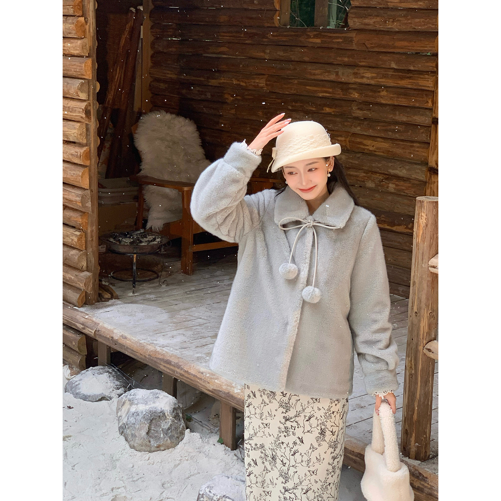 Thecoco 环保灰貂毛球外套 毛球可拆卸 冬季气质保暖软糯毛毛皮草