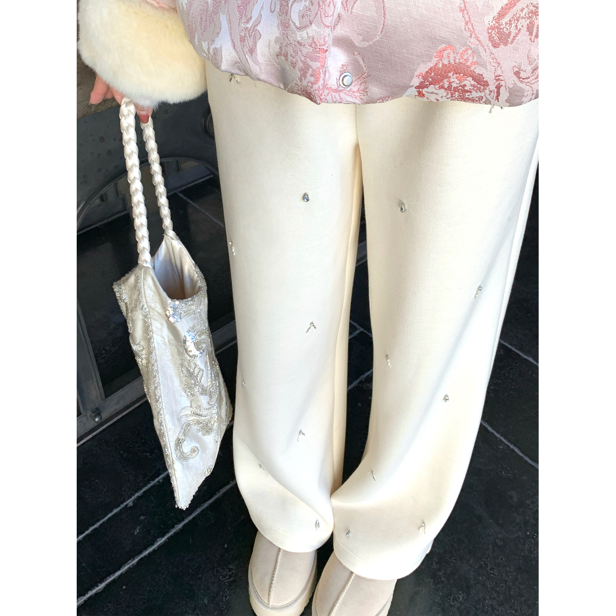 Thecoco 手缝小钻秋冬针织裤女气质百搭柔软显瘦高腰直筒休闲长裤