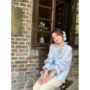 Thecoco 花朵鱼线木耳边夏季凉爽宽松上衣女款法式浪漫喇叭袖衬衫