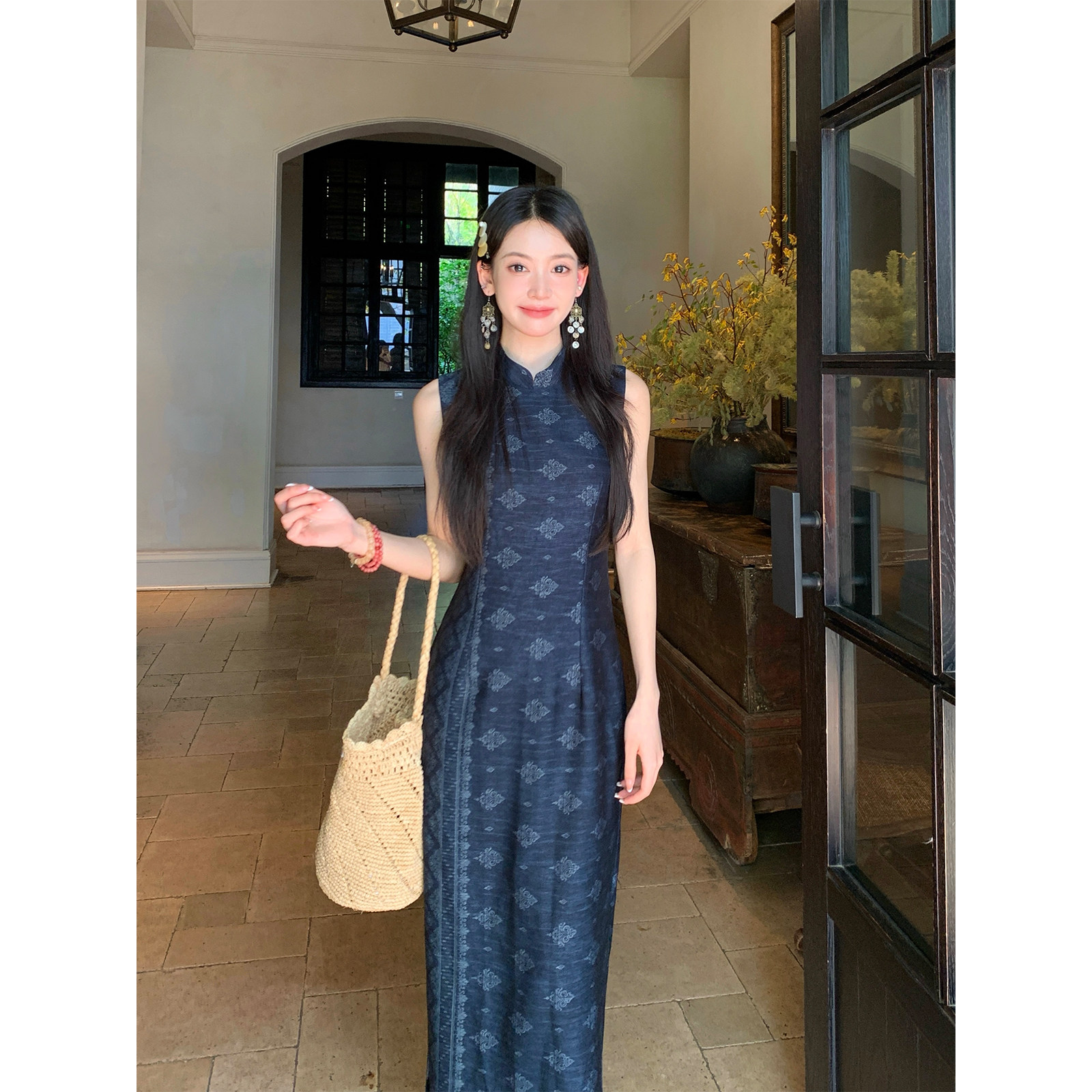 Thecoco 藏青色印花夏季改良旗袍女新中式小立领收腰显瘦气质长裙