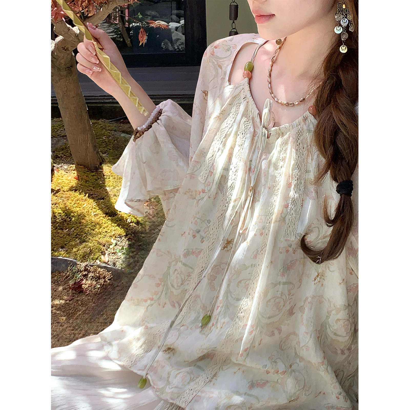 Thecoco 淡淡清新粉绿天丝苎麻新中式套装女夏碎花气质穿搭一整套