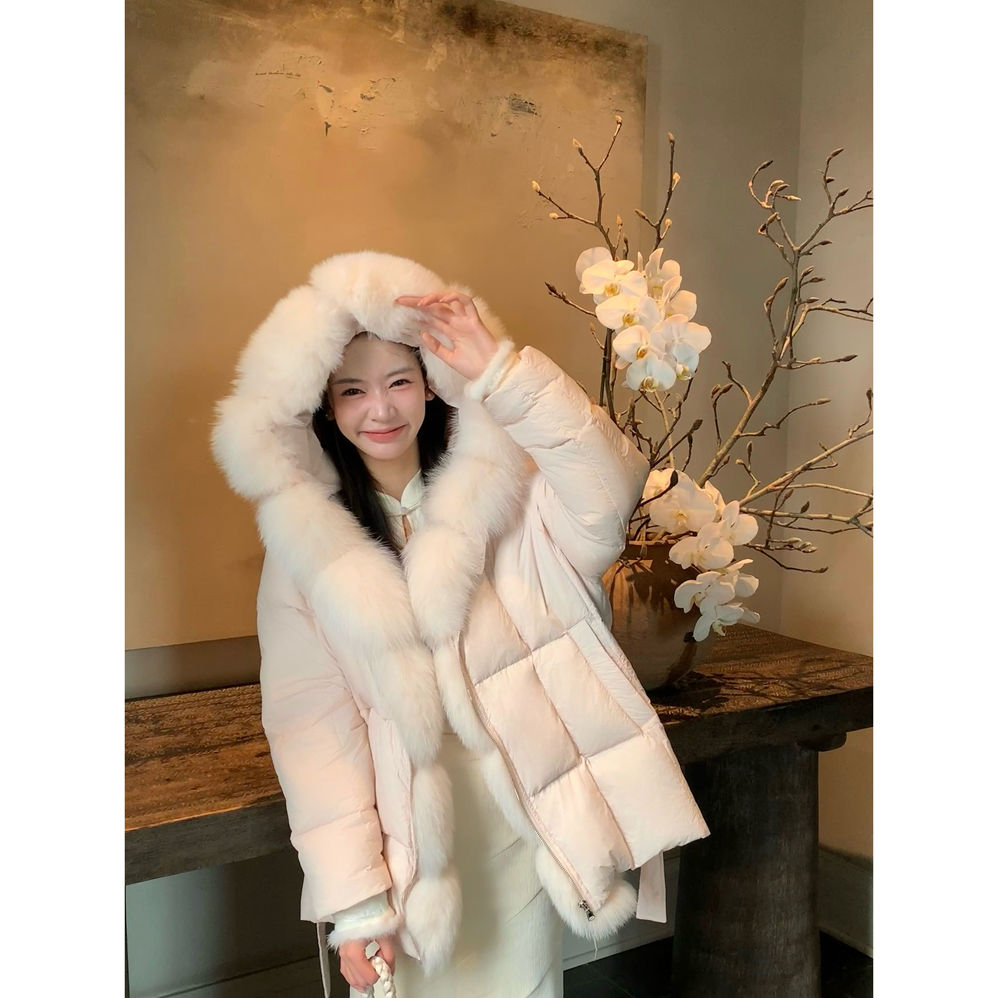 Thecoco 狐狸毛领收腰羽绒服90白鸭绒女冬季贵气显瘦保暖长款外套