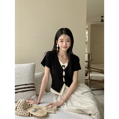 Thecoco 黑迷梦 假两件针织上衣女春夏设计感百搭显瘦气质短袖t恤