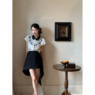 设计感小众灯笼袖 Thecoco 女秋法式 衬衫 上衣 中古刺绣手缝钻小飞袖