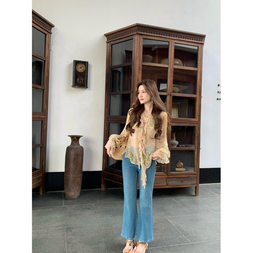 Thecoco 微喇9分牛仔裤女春夏新款高腰显瘦时尚百搭休闲蓝色裤子