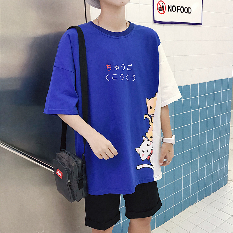 夏季新款男士宽松圆领印花休闲半袖韩版潮流学生大码男装短袖t恤