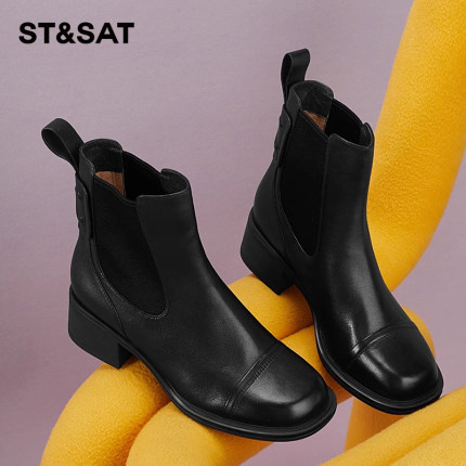 St&Sat/星期六秋冬牛皮烟筒靴粗跟保暖绒里切尔西靴女SS14118719