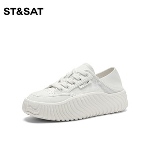 St&Sat 女SS31112B69 星期六春秋圆头冲孔系带拼接增高厚平底单鞋