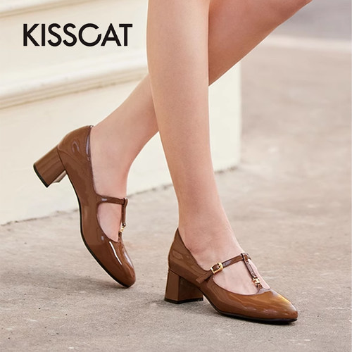 接吻猫牛漆皮粗高跟玛丽珍鞋