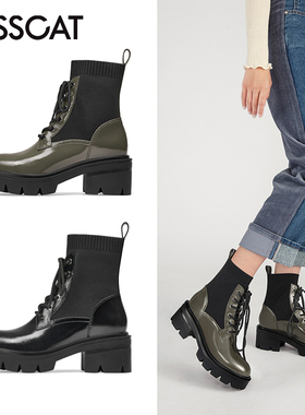 KISS CAT/接吻猫秋冬牛皮厚底马丁靴前系带弹力短靴女KA32557-50