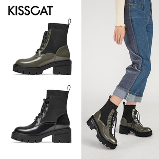 接吻猫秋冬牛皮厚底马丁靴前系带弹力短靴女KA32557 KISS CAT