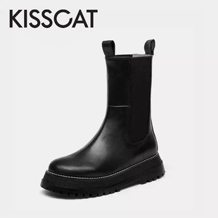 接吻猫秋冬牛皮烟筒靴圆头厚底切尔西靴女KA10541 KISS CAT