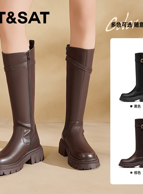 St&Sat/星期六秋冬厚底骑士靴侧拉链皮带扣长筒靴女SS34117I46