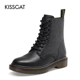 接吻猫秋冬牛皮拼接系带侧拉链厚底马丁靴女KA19780 KISS CAT
