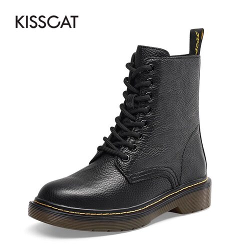 接吻猫秋冬牛皮时尚系带马丁靴