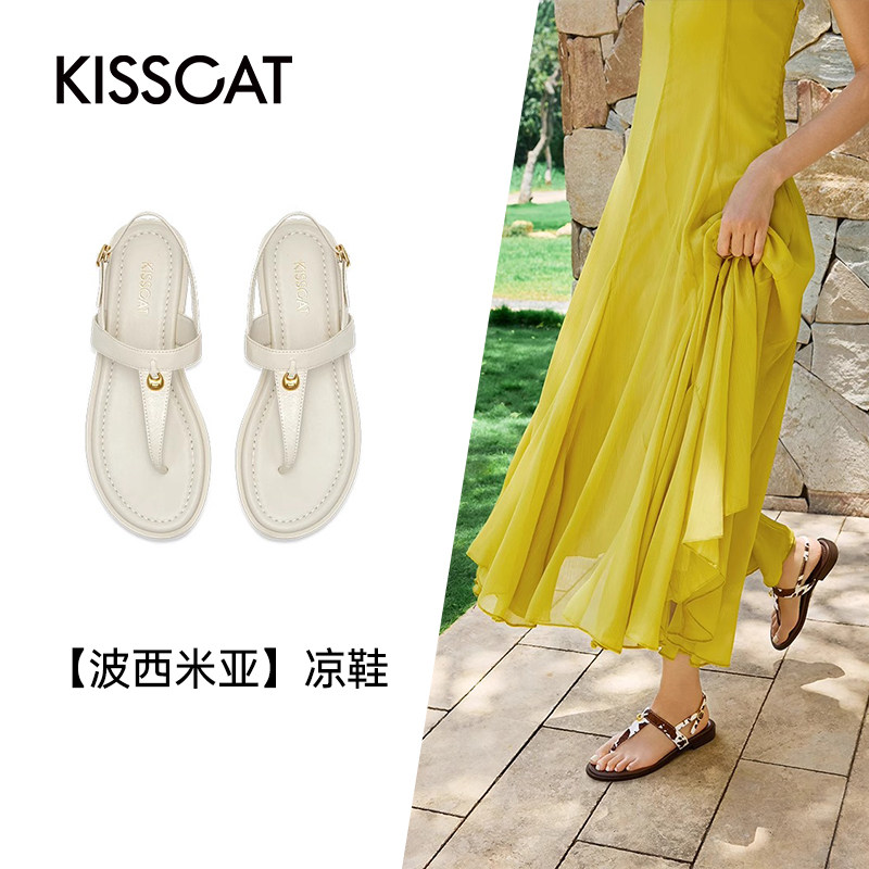 KISS CAT/接吻猫夏季夹趾凉鞋法式平底鞋沙滩凉鞋女KA65386-10