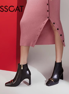 KISS CAT/接吻猫秋冬牛皮方头粗高跟保暖绒里时装靴女KA43526-11