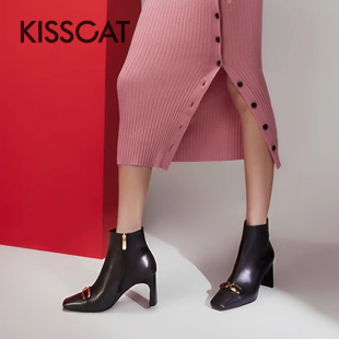 靴女KA43526 接吻猫秋冬牛皮方头粗高跟保暖绒里时装 CAT KISS