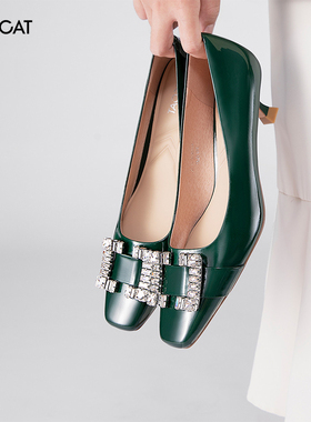 KISSCAT/接吻猫春秋方头浅口牛皮水钻一脚蹬高跟单鞋女KA32503-14
