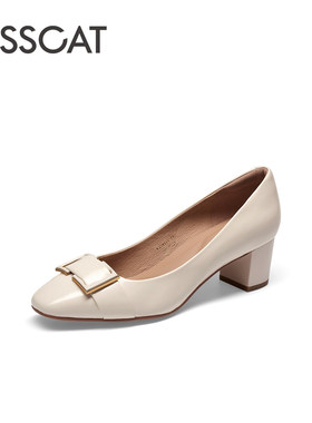 KISS CAT/接吻猫春秋羊皮乐福鞋方头浅口粗高跟单鞋女KA54111-13