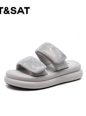 St&Sat/星期六夏季水钻厚底增高一字型外穿凉拖鞋女SSC2110C0P