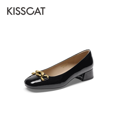接吻猫牛漆皮粗跟通勤单鞋