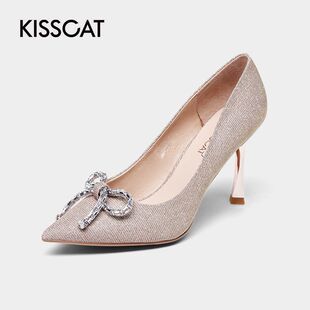 女KA21130 接吻猫春秋浅口水钻蝴蝶结一脚蹬细高跟单鞋 KISSCAT