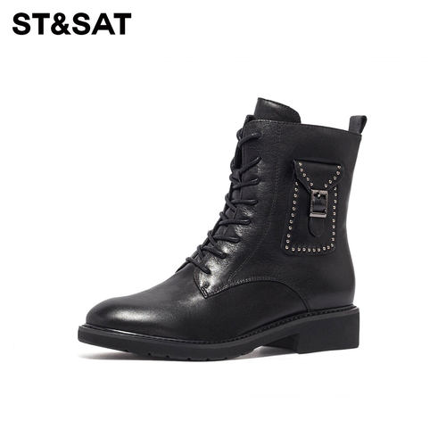 星期六牛皮方跟侧拉链马丁靴