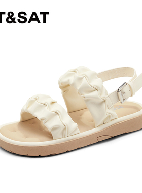 St&Sat/星期六夏季仙女风褶皱平底一字带露趾凉鞋女SSD2115CT7