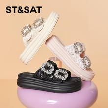 St&Sat/星期六夏季水钻厚底增高一字型外穿凉拖鞋女SSC11140IG