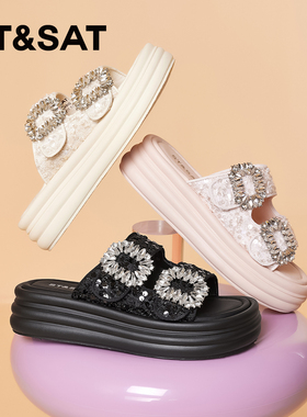 St&Sat/星期六夏季水钻厚底增高一字型外穿凉拖鞋女SSC11140IG