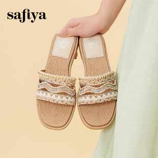 Safiya/索菲娅夏季民族风拖鞋珍珠水钻外穿平底凉拖女SF32110150