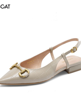 KISSCAT/接吻猫夏季牛皮尖头浅口扣饰一字带低跟凉鞋女KA32128-10
