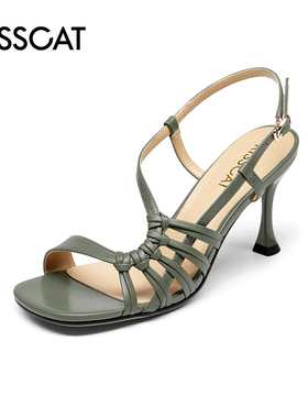 KISSCAT/接吻猫夏季羊皮编织一字带细高跟露趾凉鞋女KA21380-10