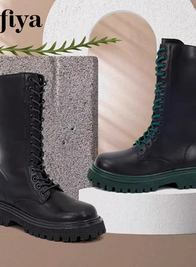 Safiya/索菲娅秋冬系带骑士靴圆头厚底侧拉链高筒靴女SF14116030