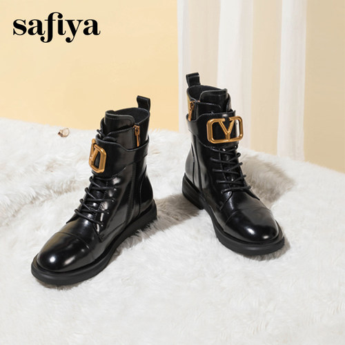 索菲娅时尚金属扣百搭牛皮短靴女