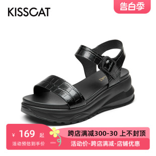 圆头露趾牛皮扣带厚底休闲凉鞋 女KA21392 接吻猫夏季 KISSCAT