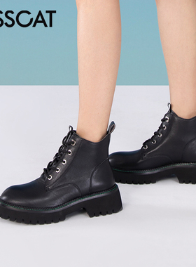 KISS CAT/接吻猫秋冬牛皮马丁靴圆头系带厚底短靴女KA32567-51