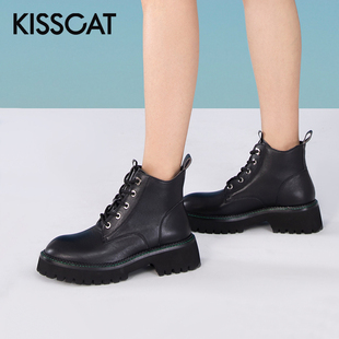 接吻猫秋冬牛皮马丁靴圆头系带厚底短靴女KA32567 KISS CAT