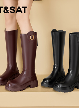 St&Sat/星期六秋冬复古骑士靴后拉链粗高跟长筒靴女SSC4117CIB
