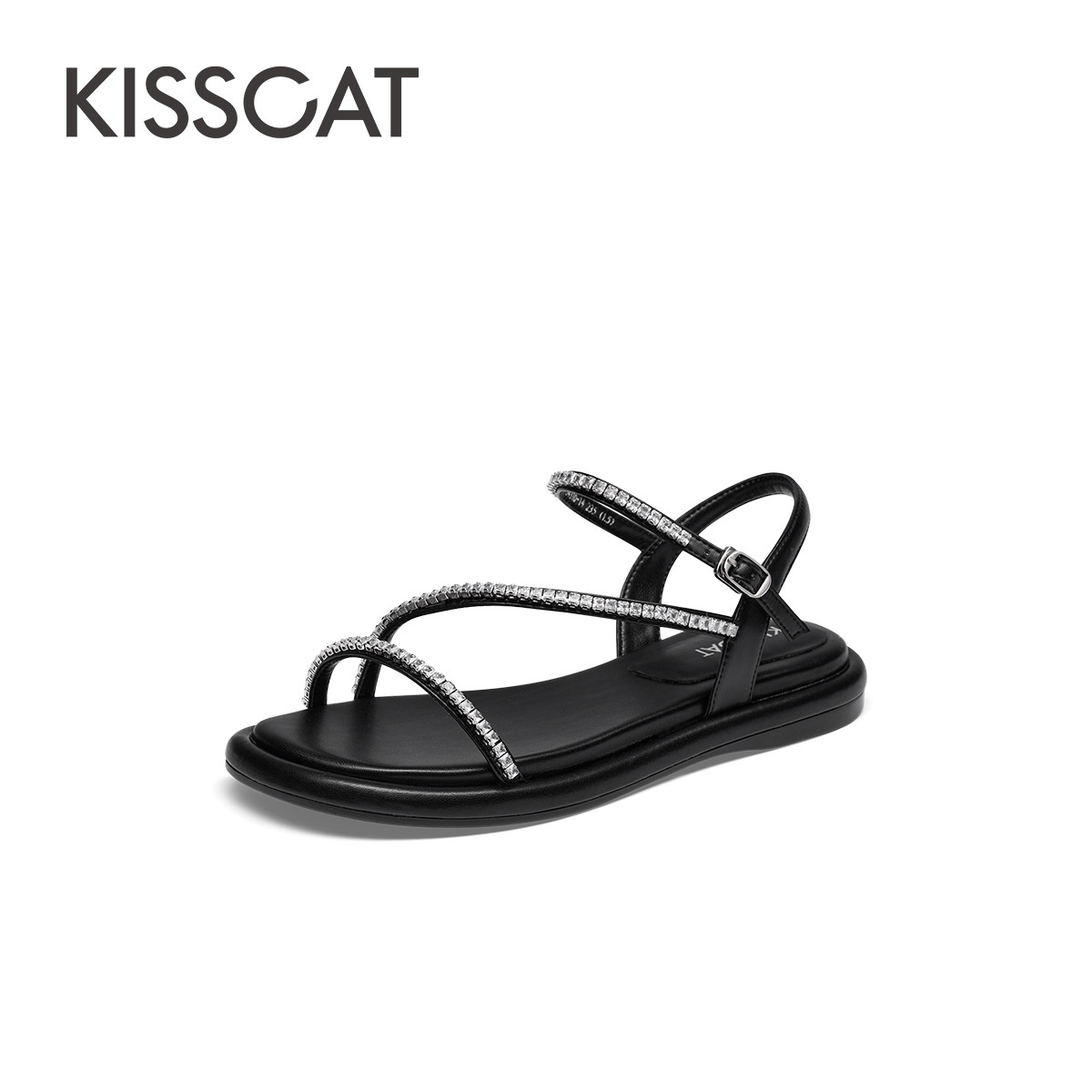 KISS CAT/接吻猫夏季水钻凉鞋一字扣带平底沙滩鞋女KA54310-14