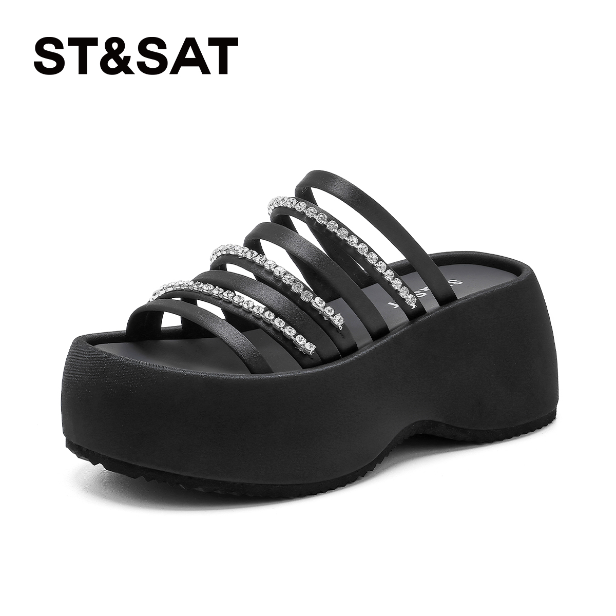 星期六水钻厚底增高外穿凉拖鞋