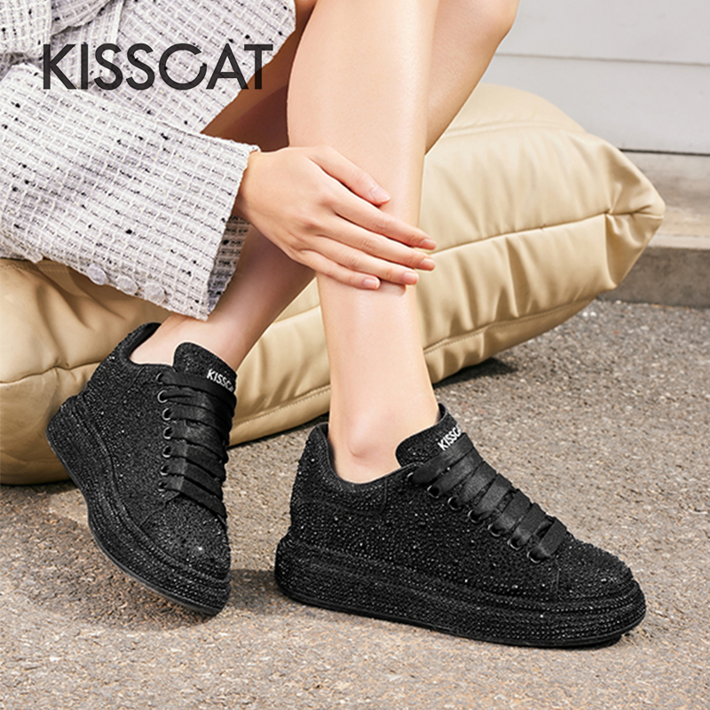 KISS CAT/接吻猫春秋水钻小白鞋休闲板鞋厚底运动鞋女KA54190-50
