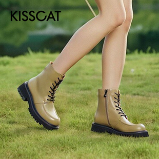 接吻猫秋冬牛皮马丁靴厚底增高侧拉链短靴女KA21541 KISS CAT
