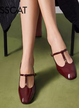 KISS CAT/接吻猫春秋牛漆皮玛丽珍鞋T字带粗高跟单鞋女KA43203-11