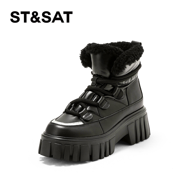 星期六牛皮厚底增高绒里马丁靴