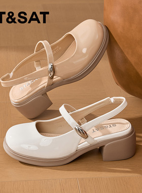 St&Sat/星期六夏季方头玛丽珍鞋复古粗跟包头凉鞋女SSD1111C0F