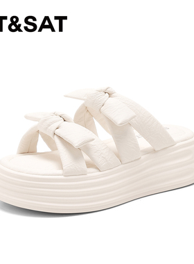 St&Sat/星期六夏季蝴蝶结厚底增高一字型外穿凉拖鞋女SSD2110W0J
