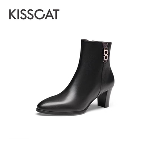 靴圆头粗高跟短靴女KA43719 接吻猫秋冬羊皮水钻时装 CAT KISS