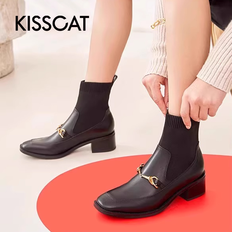 接吻猫牛皮复古方头弹力袜靴女